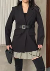 Siyah Belden Kemerli Blazer Ceket Elbise | Premium Seri