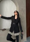 Siyah Belden Kemerli Blazer Ceket Elbise | Premium Seri