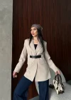 Krem Belden Kemerli Blazer Ceket Elbise | Premium Seri