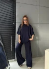 Antrasit Oysho Kumaş Oversize Tişört Bol Paça Pantolon Rahat Kesim Takım
