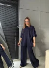 Antrasit Oysho Kumaş Oversize Tişört Bol Paça Pantolon Rahat Kesim Takım