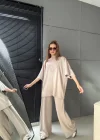 Bej Oysho Kumaş Oversize Tişört Bol Paça Pantolon Rahat Kesim Takım