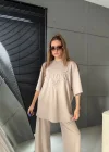 Bej Oysho Kumaş Oversize Tişört Bol Paça Pantolon Rahat Kesim Takım