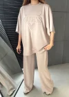 Bej Oysho Kumaş Oversize Tişört Bol Paça Pantolon Rahat Kesim Takım