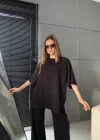 Siyah Oysho Kumaş Oversize Tişört Bol Paça Pantolon Rahat Kesim Takım
