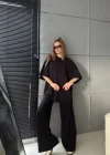 Siyah Oysho Kumaş Oversize Tişört Bol Paça Pantolon Rahat Kesim Takım