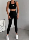 Siyah Yüksek Bel Toparlayıcı Tayt & Spor Büstiyer Takım