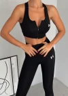 Siyah Yüksek Bel Toparlayıcı Tayt & Spor Büstiyer Takım