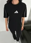 Siyah Şerit Detaylı Spor Tayt Oversize T-Shirt Takım