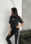 Siyah Şerit Detaylı Spor Tayt Oversize T-Shirt Takım