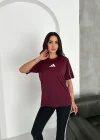 Bordo Şerit Detaylı Spor Tayt Oversize T-Shirt Takım