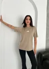 Bej Şerit Detaylı Spor Tayt Oversize T-Shirt Takım