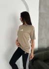 Bej Şerit Detaylı Spor Tayt Oversize T-Shirt Takım