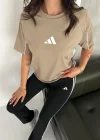 Bej Şerit Detaylı Spor Tayt Oversize T-Shirt Takım
