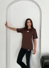 Kahve Şerit Detaylı Spor Tayt Oversize T-Shirt Takım