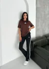 Kahve Şerit Detaylı Spor Tayt Oversize T-Shirt Takım