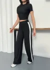 Siyah Yan Şerit Detaylı Yüksek Bel Bol Paça Tayt Takım
