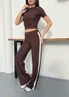 Kahve Yan Şerit Detaylı Yüksek Bel Bol Paça Tayt Takım