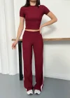 Bordo Yan Şerit Detaylı Yüksek Bel Bol Paça Tayt Takım