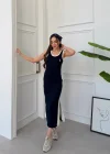 Siyah Yan Şeritli Atlet Model Uzun Elbise