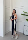 Siyah Yan Şeritli Atlet Model Uzun Elbise