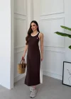 Kahve Yan Şeritli Atlet Model Uzun Elbise
