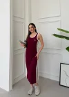Bordo Yan Şeritli Atlet Model Uzun Elbise