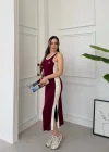 Bordo Yan Şeritli Atlet Model Uzun Elbise
