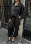Siyah Şık Saten İkili Takım - Bomber Ceket + Bol Paça Pantolon