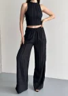Siyah Krinkıl Kumaş Crop Top & Palazzo Pantolon İkili Takım - Yaz Şıklığı