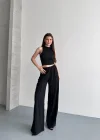 Siyah Krinkıl Kumaş Crop Top & Palazzo Pantolon İkili Takım - Yaz Şıklığı
