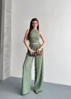 Yeşil Krinkıl Kumaş Crop Top & Palazzo Pantolon İkili Takım - Yaz Şıklığı