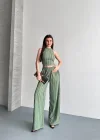 Yeşil Krinkıl Kumaş Crop Top & Palazzo Pantolon İkili Takım - Yaz Şıklığı