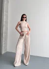 Krem Krinkıl Kumaş Crop Top & Palazzo Pantolon İkili Takım - Yaz Şıklığı