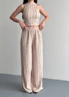 Krem Krinkıl Kumaş Crop Top & Palazzo Pantolon İkili Takım - Yaz Şıklığı