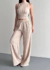 Krem Krinkıl Kumaş Crop Top & Palazzo Pantolon İkili Takım - Yaz Şıklığı