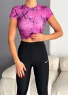 Fuşya Mermer Desenli Yüksek Bel Spor Tayt Takımı – Şık ve Esnek Fitness Kombini
