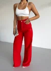 BELL Kırmızı Wide Leg Jeans – Manken Ölçüsü, Yüksek Bel Palazzo Pantolon