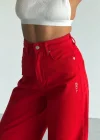 BELL Kırmızı Wide Leg Jeans – Manken Ölçüsü, Yüksek Bel Palazzo Pantolon