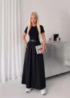 Siyah Poplin Kemer Detay Etekli Elbise