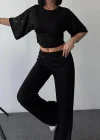 Siyah Gece Işıltılı Simli Crop Takım