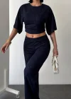 Lacivert Gece Işıltılı Simli Crop Takım
