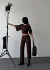 Kahve Gece Işıltılı Simli Crop Takım