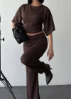 Kahve Gece Işıltılı Simli Crop Takım