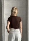 Kahve Kare Yaka Fit Bodysuit Şık & Esnek