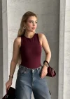 Bordo Kare Yaka Fit Bodysuit Şık & Esnek
