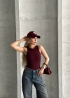 Bordo Kare Yaka Fit Bodysuit Şık & Esnek