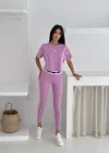 Lila Şerit Detaylı Spor Tayt Takımı