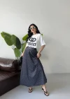 Beyaz-Lacivert Oversize Tişörtlü Etek Takım