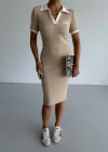 Bej Alo Polo Yaka Likralı Kaşkorse Elbise